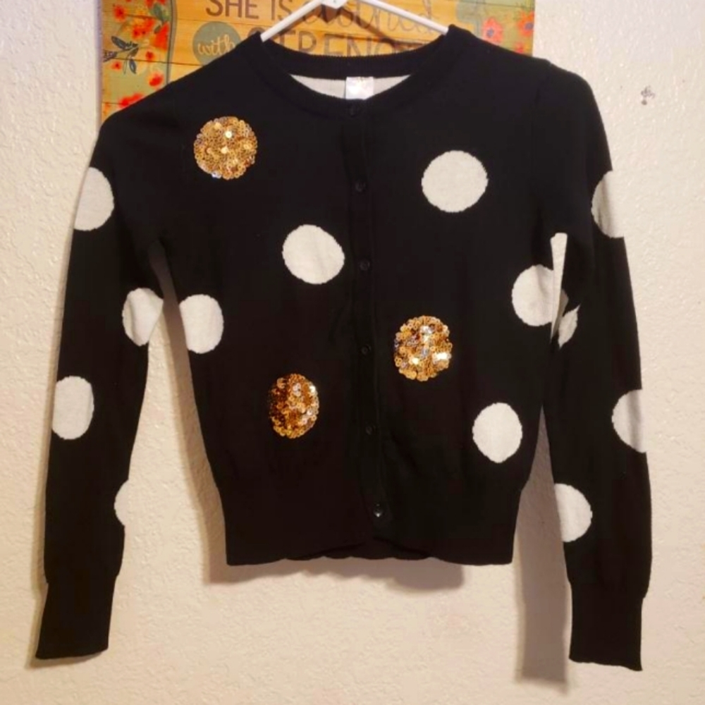 Cat & Jack Sweater-Size 7/8 -Color Black with Gold and White Large Polka Dots